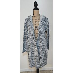 Hooded Cardigan Knit Open Front Long Sleeve Duster Sweater Gray‎ Striped